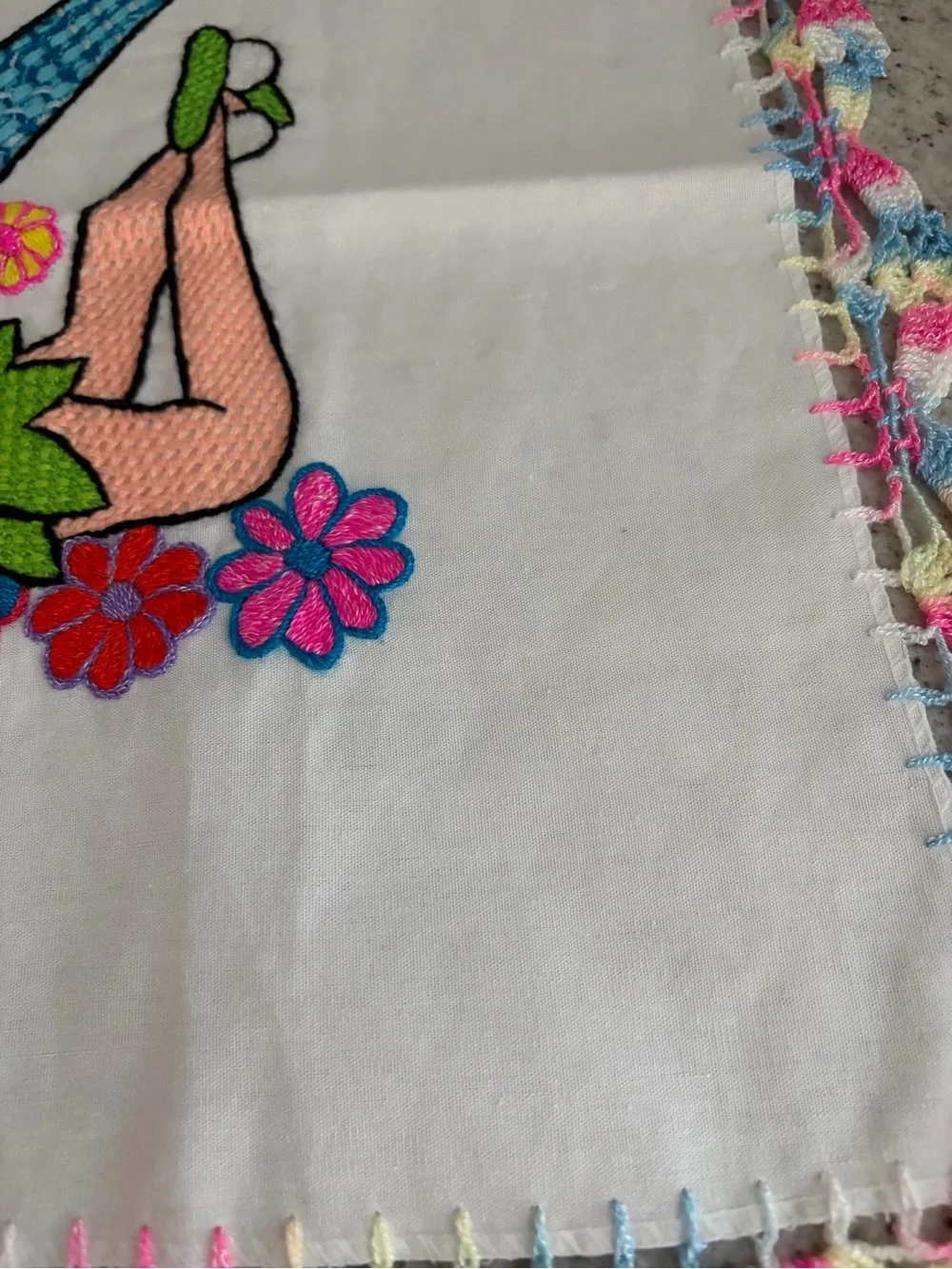VTG Tinkerbell Hand Embroidered Fairy with Colorful Crochet Edge